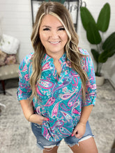 Load image into Gallery viewer, Lizzy Top in Aqua and Pink Paisley