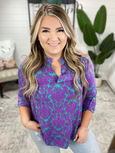 Load image into Gallery viewer, Lizzy Top in Teal and Magenta Damask