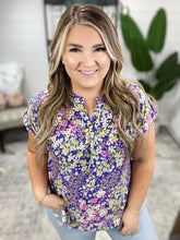 Load image into Gallery viewer, Lizzy Cap Sleeve Top in Lavender and Lime Ditsy Floral