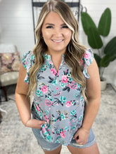 Load image into Gallery viewer, Lizzy Flutter Sleeve Top in Grey and Mint Floral