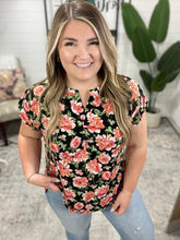 Load image into Gallery viewer, Lizzy Cap Sleeve Top in Black and Coral Floral