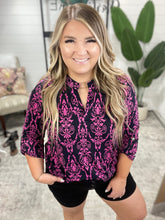 Load image into Gallery viewer, Lizzy Top in Navy and Hot Pink Damask