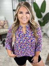 Load image into Gallery viewer, Lizzy Top in Blue and Pink Retro Ditsy Floral
