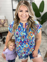 Load image into Gallery viewer, Lizzy Cap Sleeve Top in Blue and Magenta Ikat