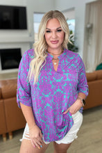 Load image into Gallery viewer, Lizzy Top in Teal and Magenta Damask