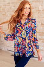Load image into Gallery viewer, Lizzy Top in Royal and Orange Paisley