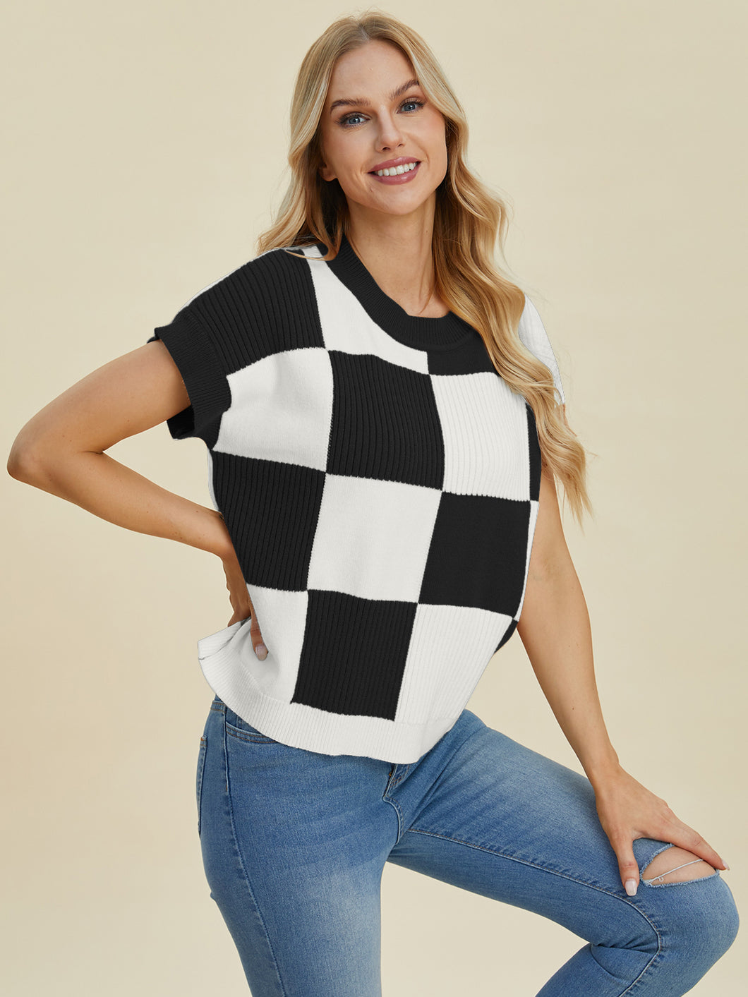 CharlieMae Checkered Short Sleeve Sweater