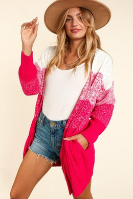 Ombre Fuchsia Ivory Sweater Knit Cardigan