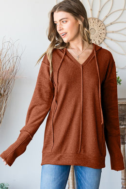 Drawstring Hooded Solid Top in Rust