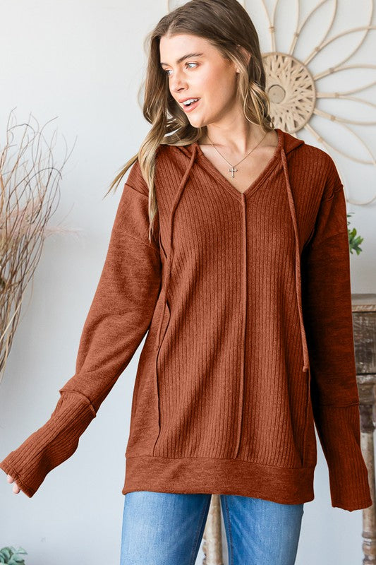 Drawstring Hooded Solid Top in Rust