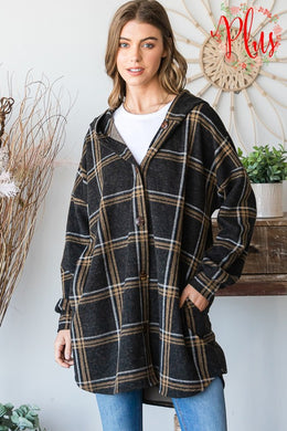 Hooded Plaid Shacket in Charcoal with Buttons