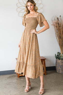 Ditsy Floral Smocked Midi Dress in Honey