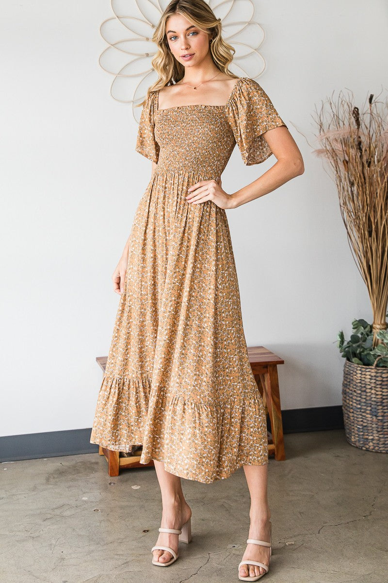 Ditsy Floral Smocked Midi Dress in Honey