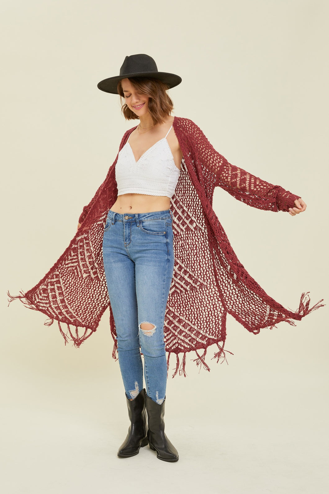 Fringe Knit Cardigan in Burgundy