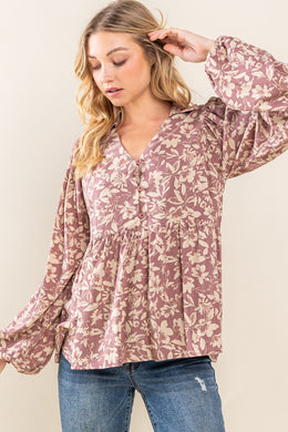 Floral Printed V-Neck Button Down Babydoll Blouse in Mauve