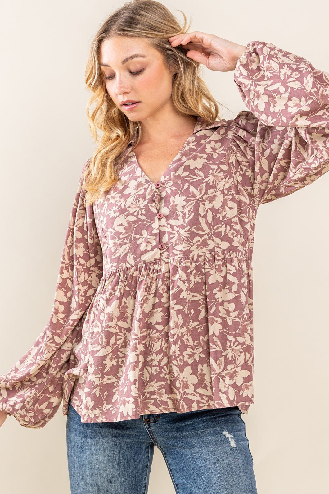 Floral Printed V-Neck Button Down Babydoll Blouse in Mauve