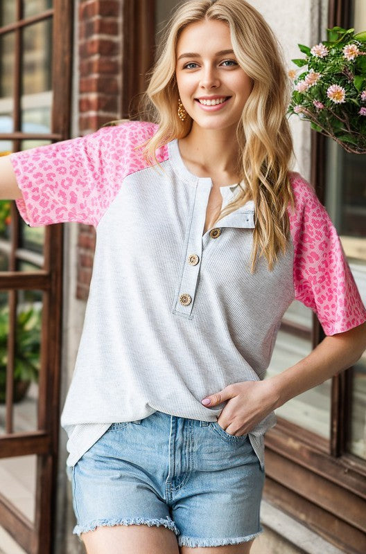 Pink Accent Ribbed Animal Print Top
