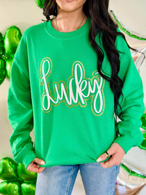 Lucky Cursive Double Puff Glitter Pullover Sweatshirt