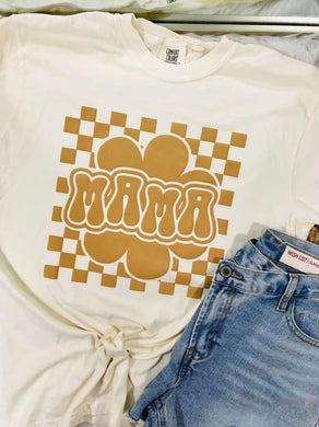 Mama Retro Checkered Floral Puff Ink Graphic Tee