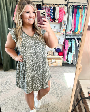 Mini Floral Swing Dress in Olive