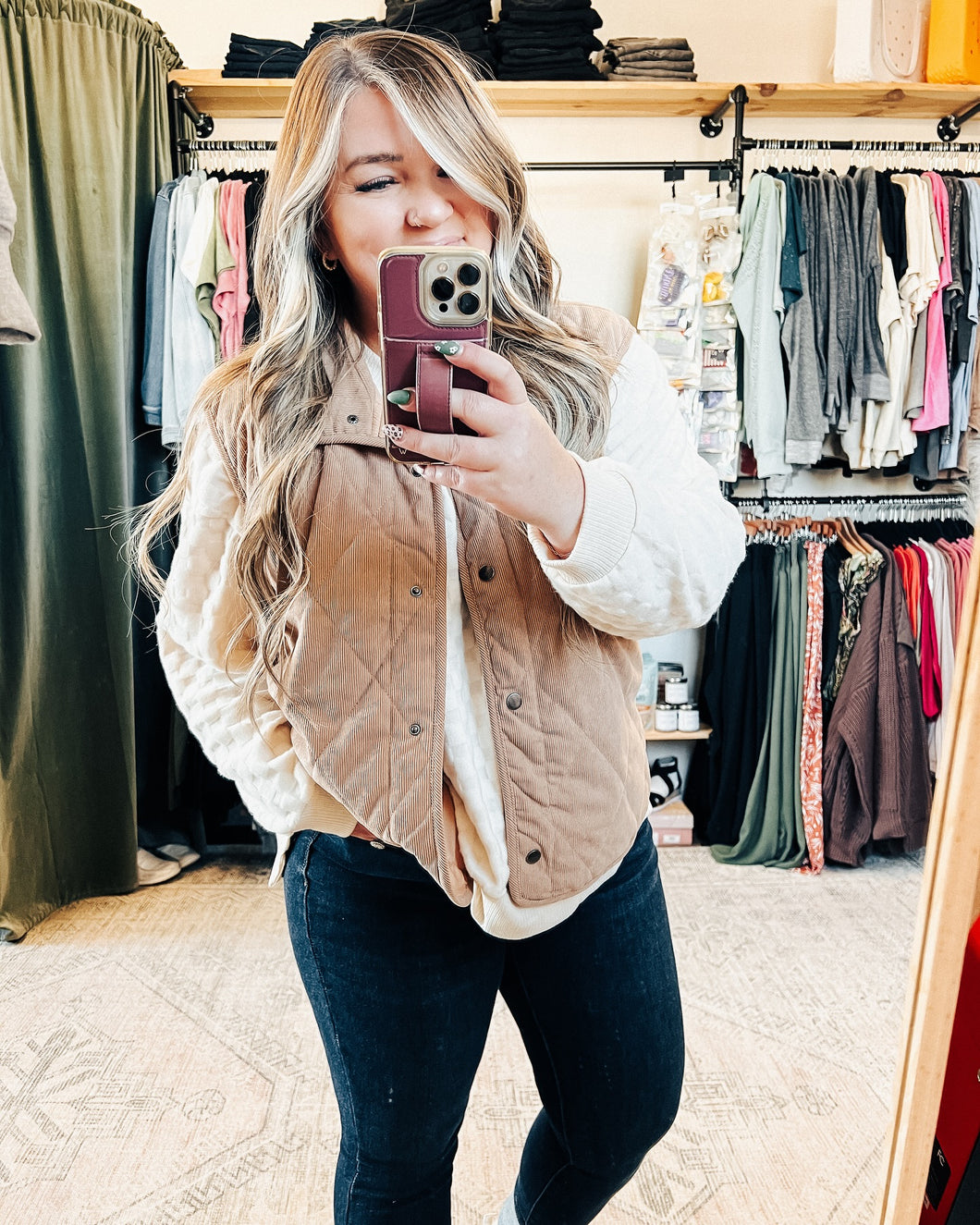 High Neck Sleeveless Corduroy Vest in Taupe