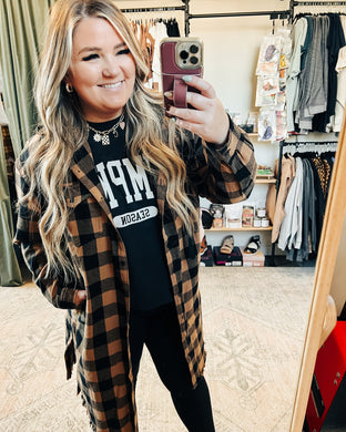 Buffalo Plaid Long Shacket with Hoodie in Sand