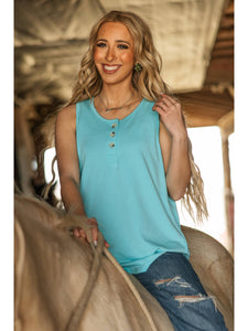 Front Button Detail Terry Cloth Tank Top in Aqua
