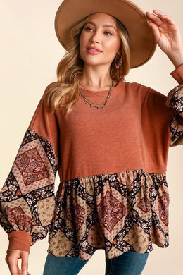 French Terry Bubble Sleeve Top in Rust