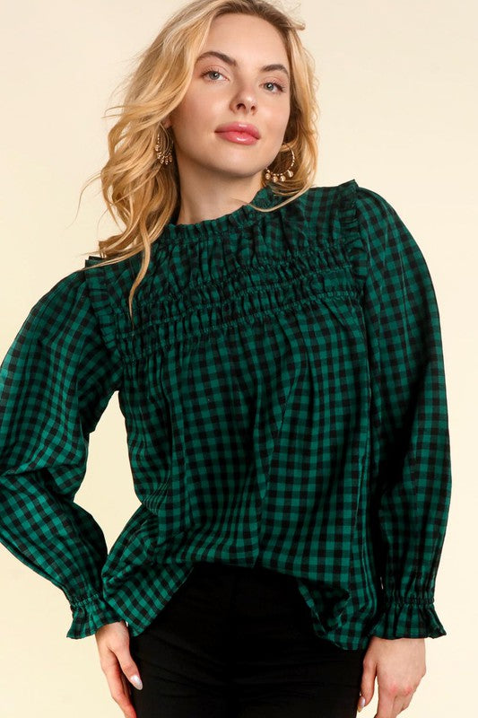 Frilled Mock Neck Elastic Long Sleeve Top in Hunter Green