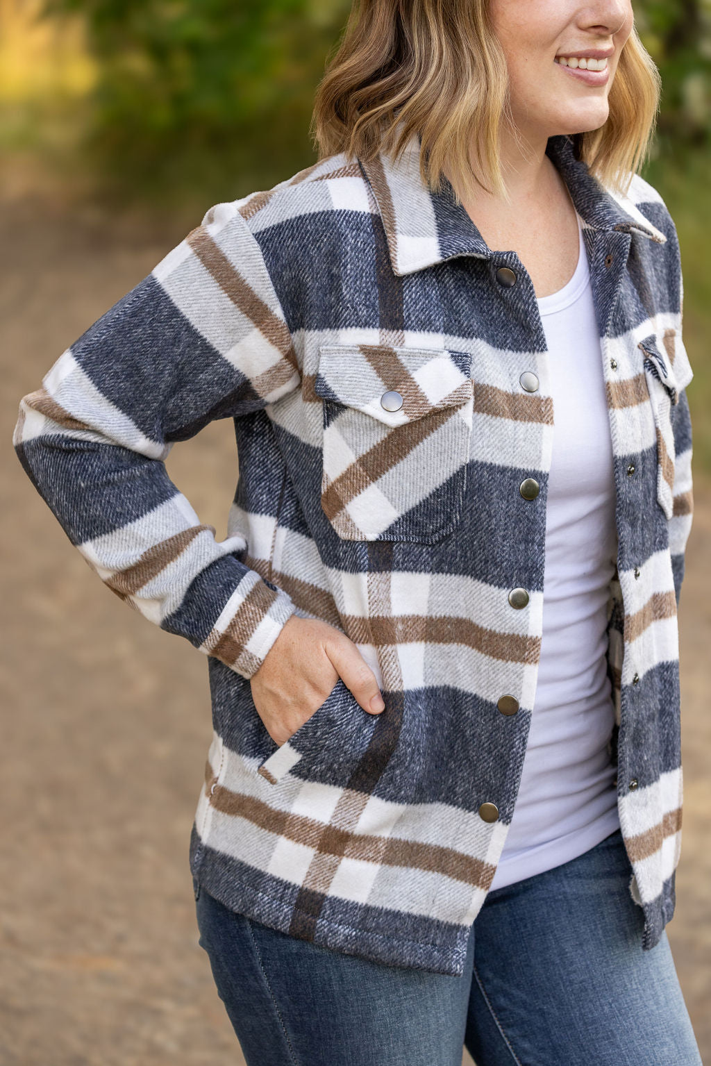 Norah Plaid Shacket in Navy and Tan