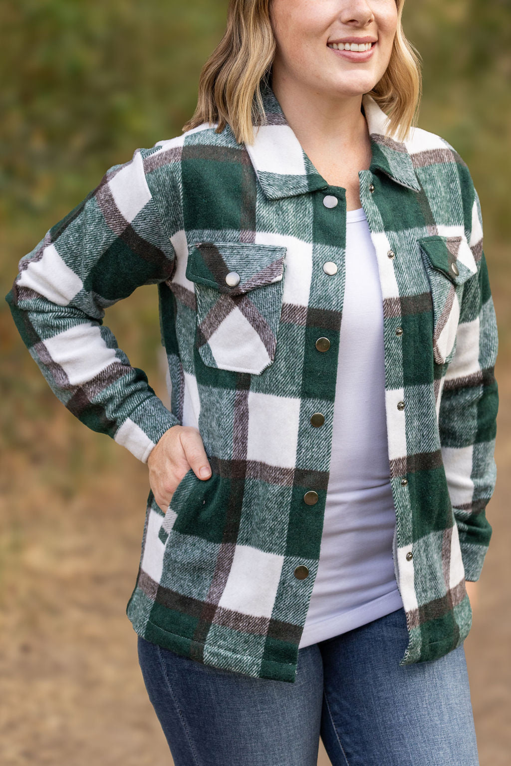 Norah Plaid Shacket in Evergreen and White