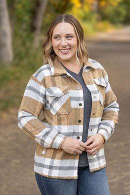 Norah Plaid Shacket in Classic Camel and Grey