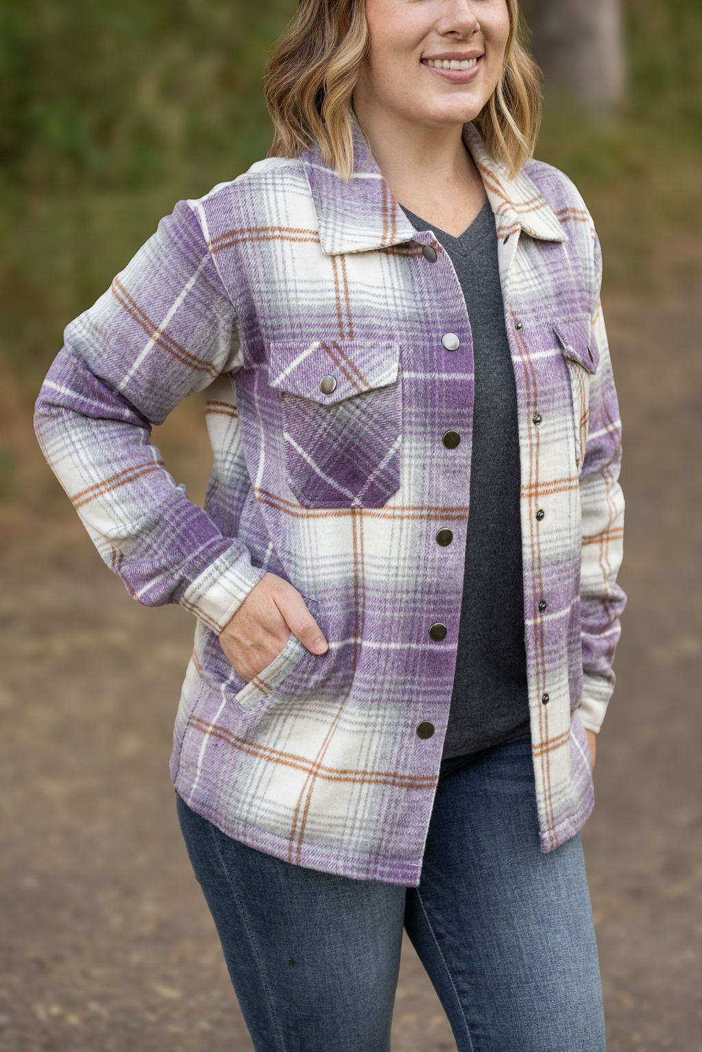 Norah Plaid Shacket in Purple and Gold