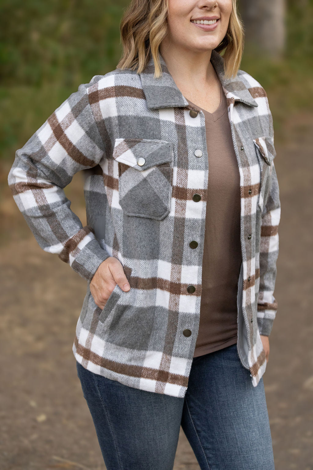 Norah Plaid Shacket in Grey and Tan