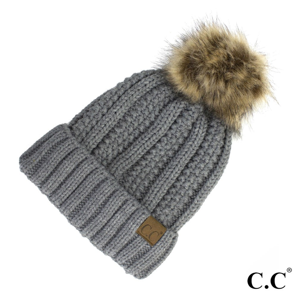 Fuzzy Lined Knit C.C. Beanie w/ Faux Fur Pom