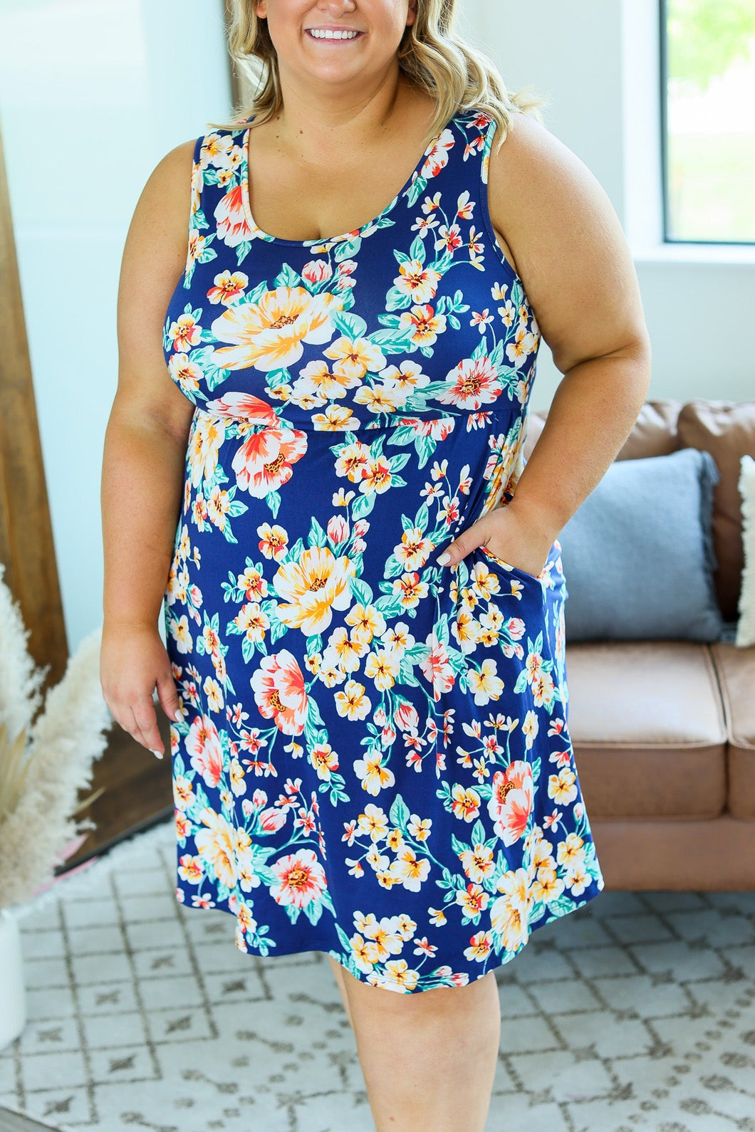 Kelsey Tank Dress in Navy Tropical