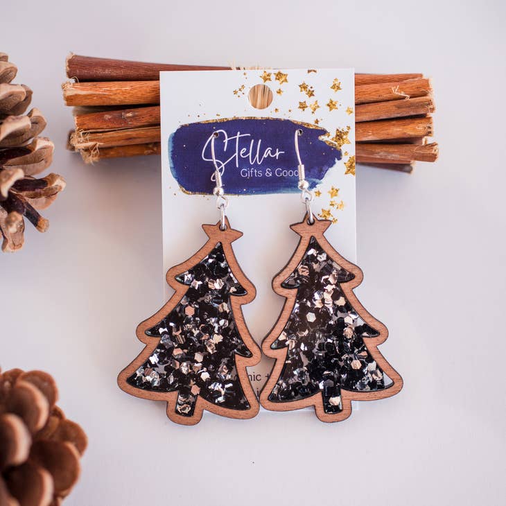 Black & Silver Chunky Glitter Christmas Tree Inset Dangles