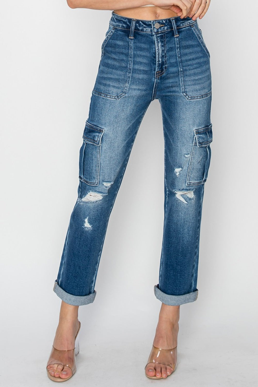 High Rise Cargo Ankle Roll Up Straight Jeans by Risen