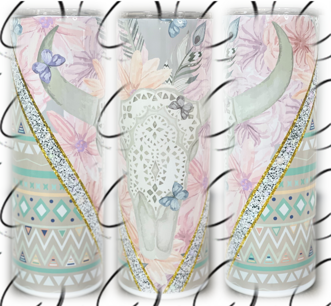 Aztec Butterfly Bull Skull 20oz Skinny Tumbler