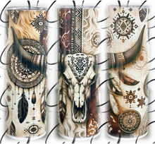 Load image into Gallery viewer, Boho Feather Bull Skull 20oz Skinny Tumbler