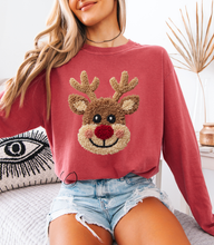 Load image into Gallery viewer, Faux Crochet Red Nose Reindeer Long Sleeve Graphic Tee