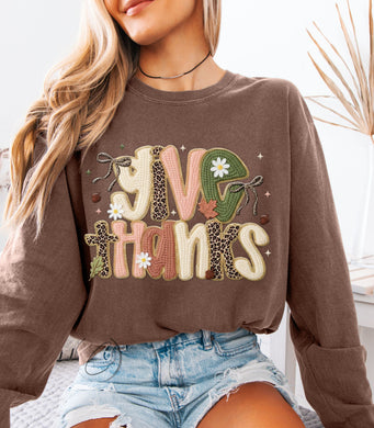 Faux Yarn Give Thanks Long Sleeve Graphic Tee