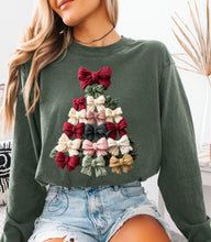 Load image into Gallery viewer, Faux Yarn Coquette Bow Christmas Tree Long Sleeve Graphic Tee