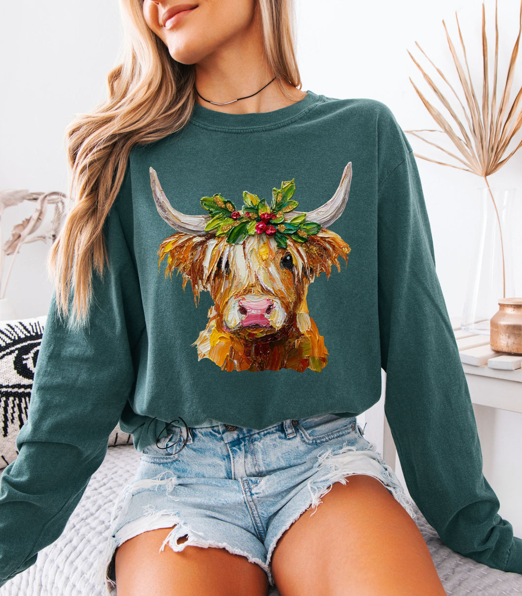 Hand Painted Festive Highland Long Sleeve Graphic Tee