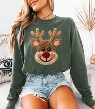 Load image into Gallery viewer, Faux Crochet Red Nose Reindeer Long Sleeve Graphic Tee