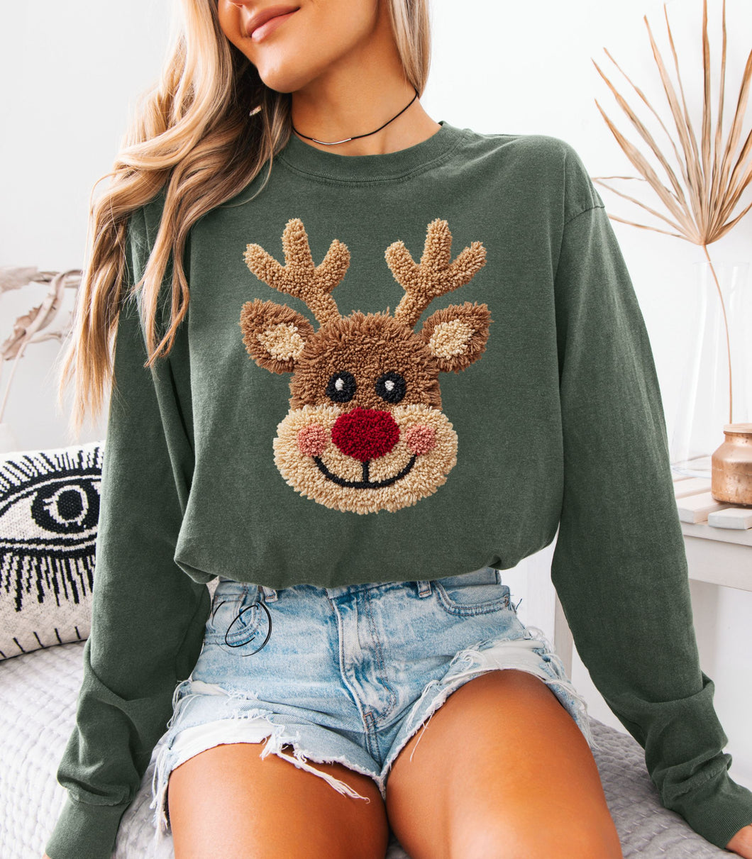 Faux Crochet Red Nose Reindeer Long Sleeve Graphic Tee