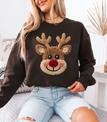 Faux Crochet Red Nose Reindeer Sweatshirt