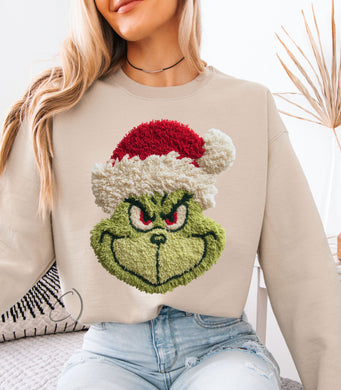 Faux Crochet Yarn Green Santa Sweatshirt