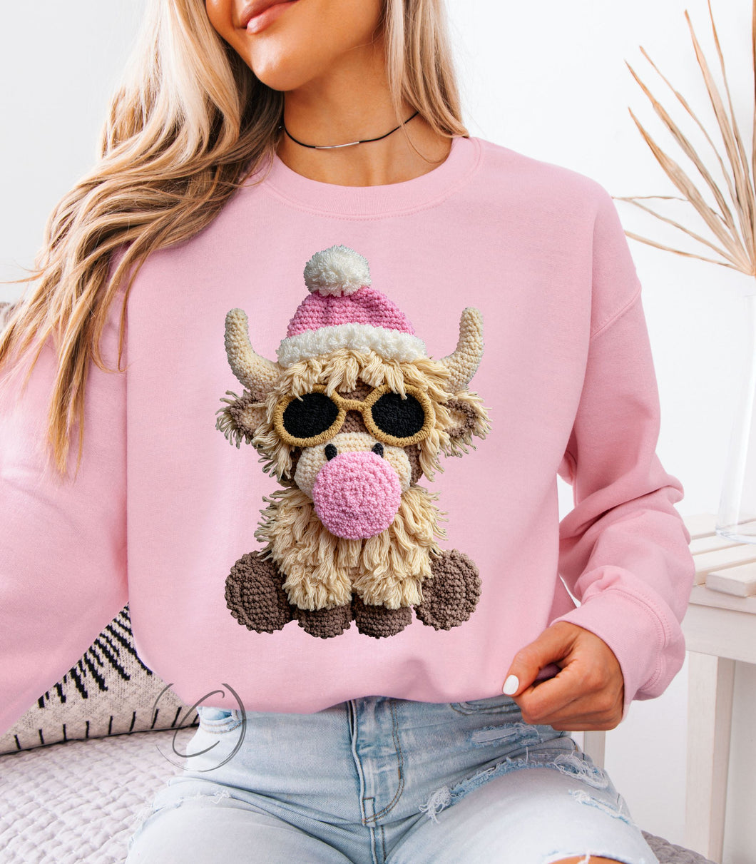 Faux Crochet Bubble Gum Cow Sweatshirt