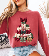 Load image into Gallery viewer, Faux Yarn Coquette Bow Christmas Tree Long Sleeve Graphic Tee
